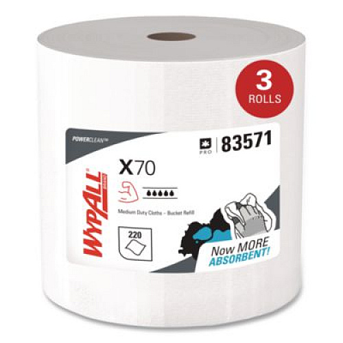 WypAll X70 Wipers in a Bucket Refills, No Bucket, 13 x 10, Unscented, White, 220/Rolls, 3 Rolls/Carton (83571)