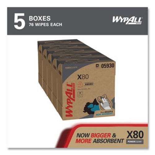 WypAll Power Clean X80 Heavy Duty Cloths, HYDROKNIT, POP-UP Box, 8.34 x 16.8, Red, 76/Box, 5 Box/Carton (05930)