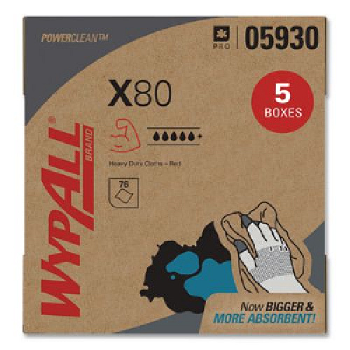 WypAll Power Clean X80 Heavy Duty Cloths, HYDROKNIT, POP-UP Box, 8.34 x 16.8, Red, 76/Box, 5 Box/Carton (05930)