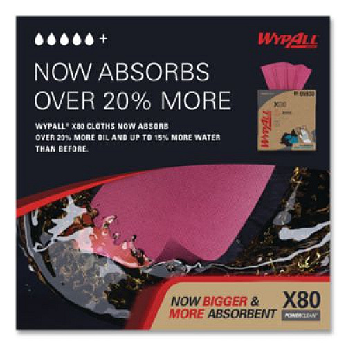 WypAll Power Clean X80 Heavy Duty Cloths, HYDROKNIT, POP-UP Box, 8.34 x 16.8, Red, 76/Box, 5 Box/Carton (05930)
