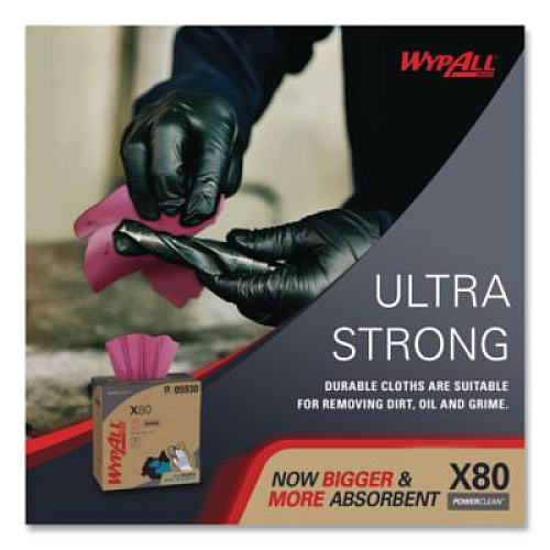 WypAll Power Clean X80 Heavy Duty Cloths, HYDROKNIT, POP-UP Box, 8.34 x 16.8, Red, 76/Box, 5 Box/Carton (05930)