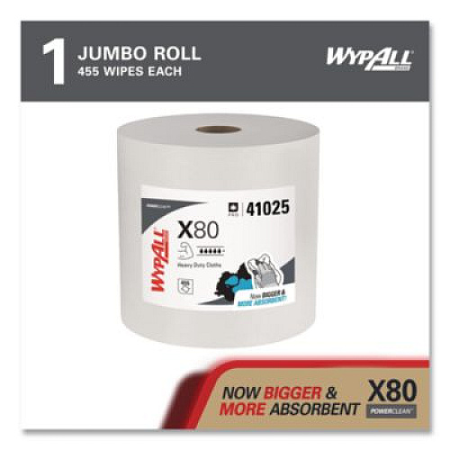 WypAll Power Clean X80 Heavy Duty Cloths, Jumbo Roll, 12.4 x 12.2, White, 455/Roll (41025)