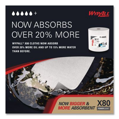 WypAll Power Clean X80 Heavy Duty Cloths, Jumbo Roll, 12.4 x 12.2, White, 455/Roll (41025)
