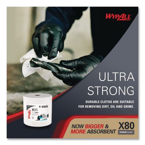 WypAll Power Clean X80 Heavy Duty Cloths, Jumbo Roll, 12.4 x 12.2, White, 455/Roll (41025)