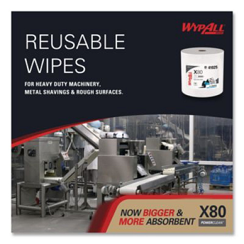 WypAll Power Clean X80 Heavy Duty Cloths, Jumbo Roll, 12.4 x 12.2, White, 455/Roll (41025)