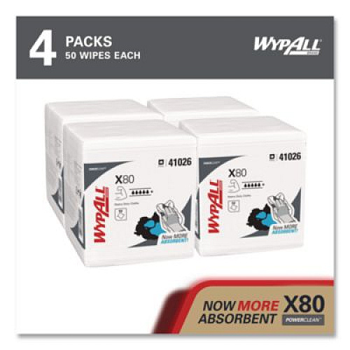 WypAll Power Clean X80 Heavy Duty Cloths, 1/4 Fold, 12.5 x 12, White, 50/Box, 4 Boxes/Carton (41026)