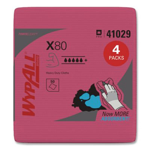 WypAll Power Clean X80 Heavy Duty Cloths, 12.5 x 12, Red, 50/Box, 4 Boxes/Carton (41029)