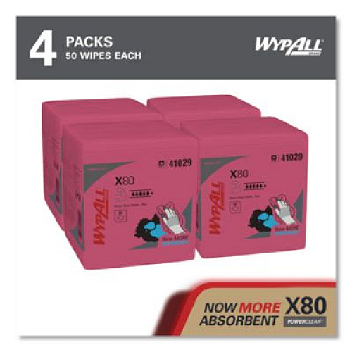 WypAll Power Clean X80 Heavy Duty Cloths, 12.5 x 12, Red, 50/Box, 4 Boxes/Carton (41029)