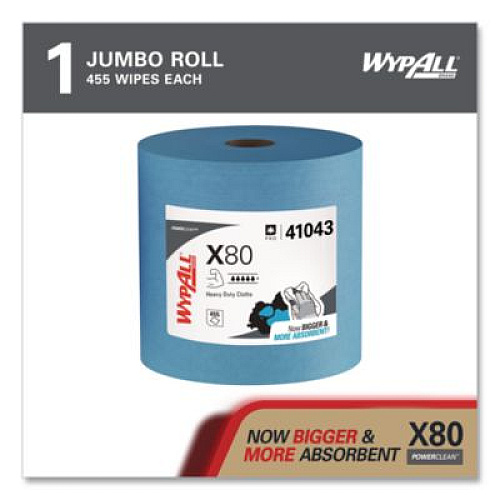 WypAll Power Clean X80 Heavy Duty Cloths, Jumbo Roll, 12.4 x 12.2, Blue, 455/Roll (41043)