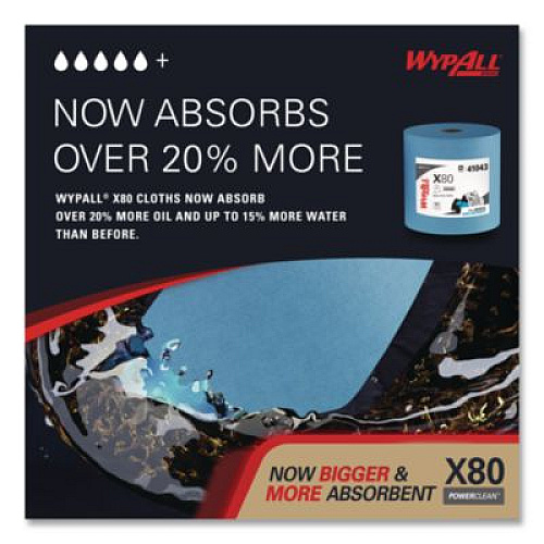 WypAll Power Clean X80 Heavy Duty Cloths, Jumbo Roll, 12.4 x 12.2, Blue, 455/Roll (41043)