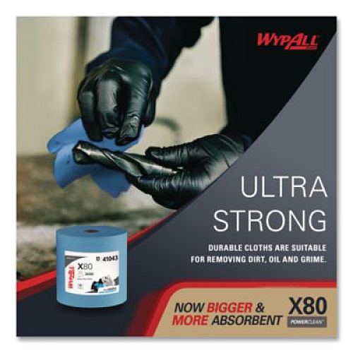 WypAll Power Clean X80 Heavy Duty Cloths, Jumbo Roll, 12.4 x 12.2, Blue, 455/Roll (41043)