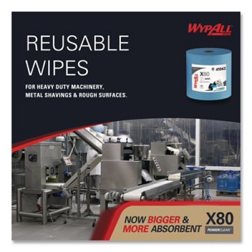 WypAll Power Clean X80 Heavy Duty Cloths, Jumbo Roll, 12.4 x 12.2, Blue, 455/Roll (41043)