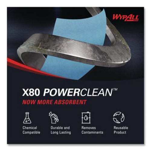 WypAll Power Clean X80 Heavy Duty Cloths, Jumbo Roll, 12.4 x 12.2, Blue, 455/Roll (41043)