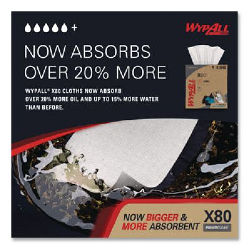 WypAll Power Clean X80 Cloths, HYDROKNIT, POP-UP Box, 8.34 x 16.8, White, 76/Box, 5 Boxes/Carton (41048)