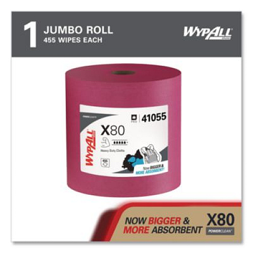 WypAll Power Clean X80 Heavy Duty Cloths, Jumbo Roll, Perforated,12.4 x 12.2, Red, 455 Wipers/Roll (41055)