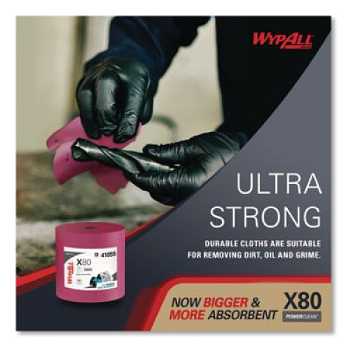 WypAll Power Clean X80 Heavy Duty Cloths, Jumbo Roll, Perforated,12.4 x 12.2, Red, 455 Wipers/Roll (41055)