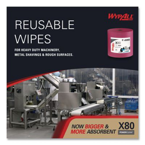 WypAll Power Clean X80 Heavy Duty Cloths, Jumbo Roll, Perforated,12.4 x 12.2, Red, 455 Wipers/Roll (41055)