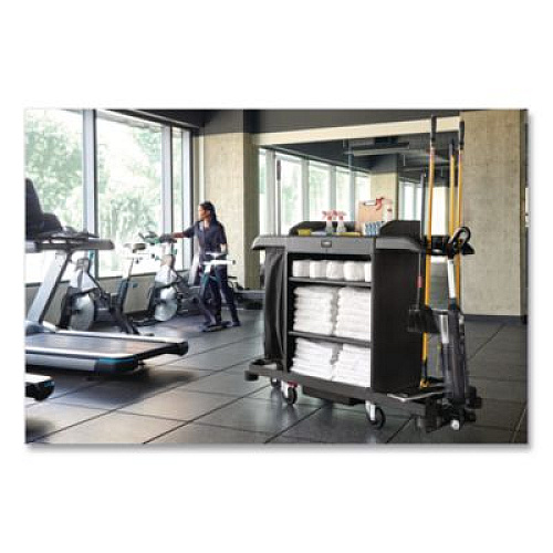 Rubbermaid Commercial Full-Size Housekeeping Cart, Plastic, 3 Shelves, 1 Bin, 24.4 x 62.4 x 49, Black (2202581)