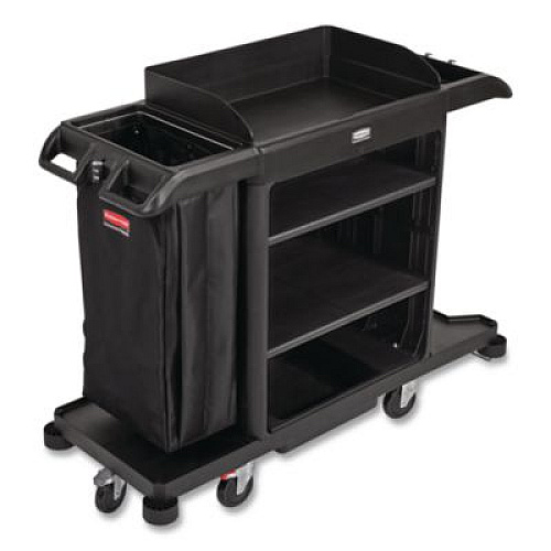 Rubbermaid Commercial Full-Size Housekeeping Cart, Plastic, 3 Shelves, 1 Bin, 24.4 x 62.4 x 49, Black (2202581)