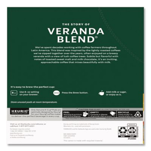 Starbucks Veranda Blend Coffee K-Cups, 24/Box, 4 Box/Carton (011111159CT)