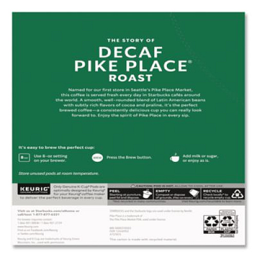 Starbucks Pike Place Decaf Coffee K-Cups, 96/Carton (011111161CT)