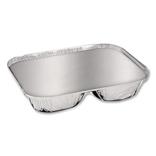 HFA Aluminum Oblong Container with Lid, 3 Compartments, 24 oz, 8.5 x 6.38 x 1.47, Silver, 500/Carton (204535)