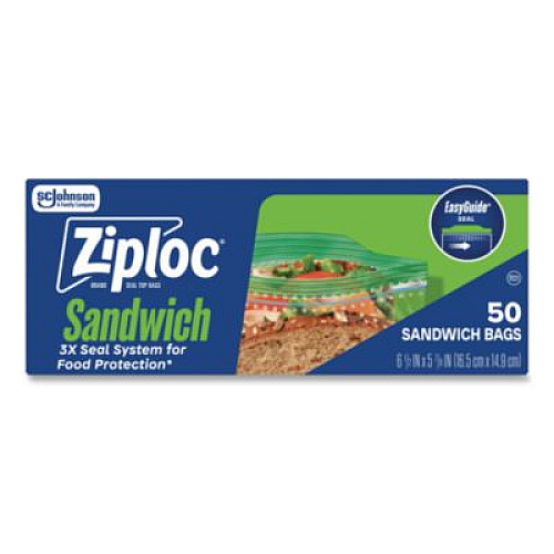 Ziploc Resealable Sandwich Bags, 6.5" x 5.88", Clear, 50 Bags/Box, 12 Boxes/Carton (383179)