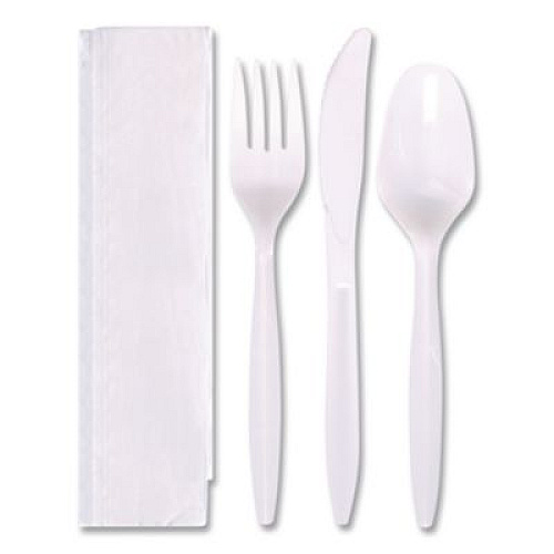 Hoffmaster Economy Cutlery Kit, Fork/Knife/Napkin/Spoon, Plastic, White, 250/Carton (117799)