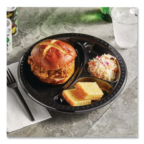 Chinet Heavyweight Plastic 3-Compartment Plates, 10.25" dia, Black, 125/Pack, 4 Packs/Carton (81430)
