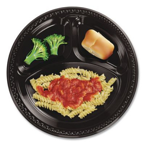 Chinet Heavyweight Plastic 3-Compartment Plates, 10.25" dia, Black, 125/Pack, 4 Packs/Carton (81430)