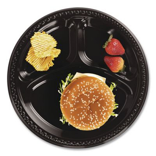 Chinet Heavyweight Plastic 3-Compartment Plates, 10.25" dia, Black, 125/Pack, 4 Packs/Carton (81430)
