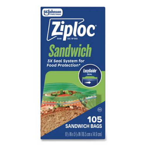 Ziploc Resealable Sandwich Bags, 6.5" x 5.88", Clear, 105 Bags/Box, 12 Boxes/Carton (383211)