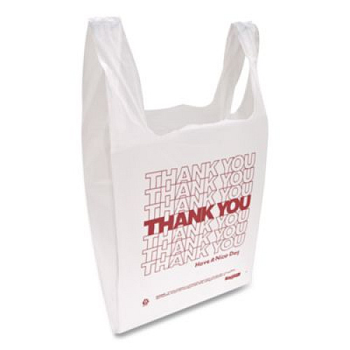 Inteplast Group HDPE T-Shirt Bags, Thank You - Have a Nice Day Labeling, Cut-Out Handles, 12" x 7" x 23", White/Red, 500/Carton (THW2VAL)