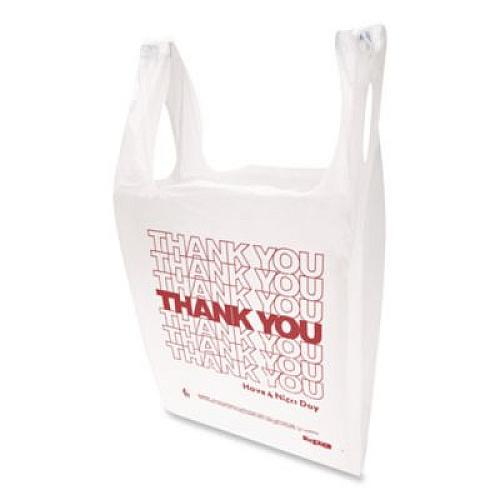 Inteplast Group HDPE T-Shirt Bags, Thank You - Have a Nice Day Labeling, Cut-Out Handles, 12" x 7" x 23", White/Red, 500/Carton (THW2VAL)