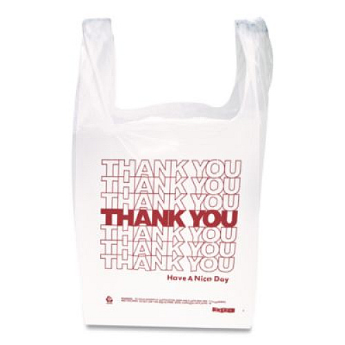 Inteplast Group HDPE T-Shirt Bags, Thank You - Have a Nice Day Labeling, Cut-Out Handles, 12" x 7" x 23", White/Red, 500/Carton (THW2VAL)