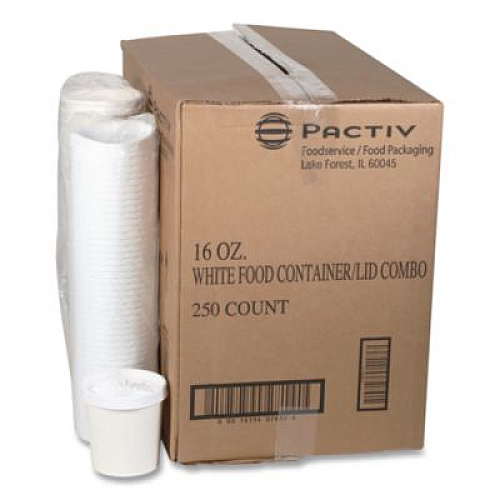 Pactiv Evergreen Paper Round Food Container and Lid Combo, 16 oz, 38" Diameter x 3.9" h, White, 250/Carton (D16RBLD)