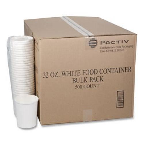Pactiv Evergreen Paper Round Food Container, 32 oz, 4.5" Diameter x 5.1" h, White, 500/Carton (D32RB)