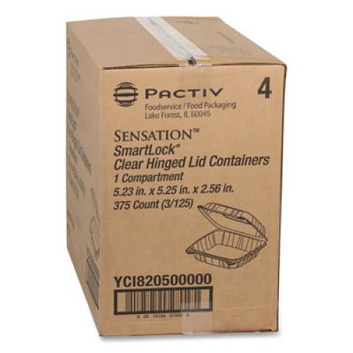 Pactiv Evergreen SENSATION SmartLock Hinged Lid Container, 5.2 x 5.3 x 2.56, Clear, Plastic, 375/Carton (YCI820500000)