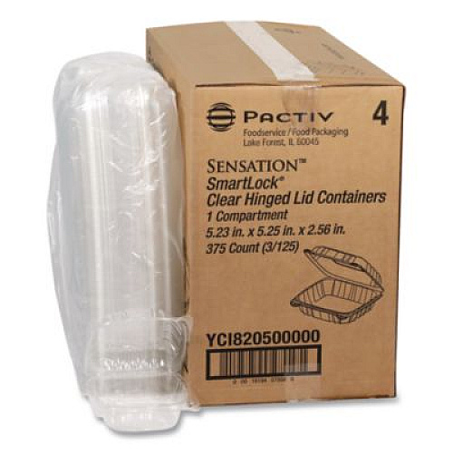 Pactiv Evergreen SENSATION SmartLock Hinged Lid Container, 5.2 x 5.3 x 2.56, Clear, Plastic, 375/Carton (YCI820500000)