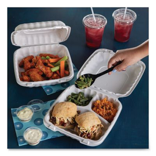 Pactiv Evergreen EarthChoice SmartLock Microwavable MFPP Hinged Lid Container, 3 Compartments, 9.33 x 8.88 x 3.1, White, Plastic, 120/Carton (YCN80903)