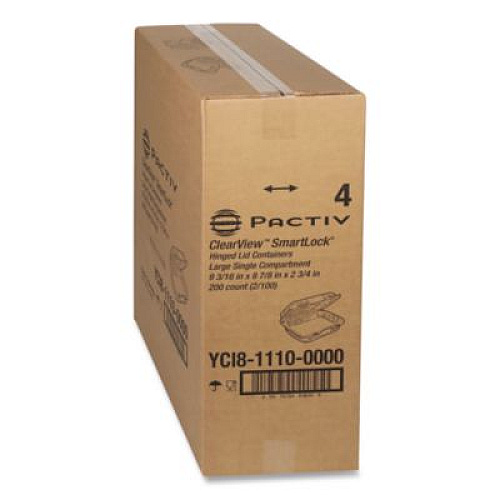 Pactiv Evergreen ClearView SmartLock Hinged Lid Container, 9.22 x 8.88 x 2.91, Clear, Plastic, 200/Carton (YCI81110)