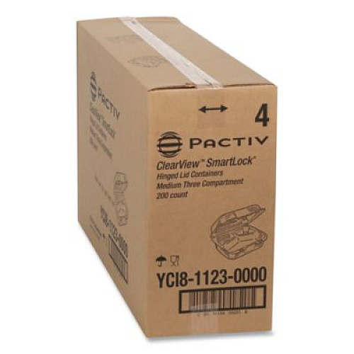 Pactiv Evergreen ClearView SmartLock Hinged Lid Container, 3 Compartments, 5 oz/14 oz, 8.2 x 8.3 x 2,9, Clear, Plastic, 200/Carton (YCI81123)