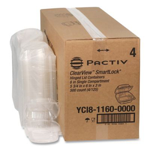 Pactiv Evergreen ClearView SmartLock Hinged Lid Container, 20 oz, 5.8 x 6 x 3, Clear, Plastic, 500/Carton (YCI81160)