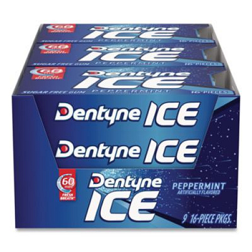 Dentyne Ice Sugarless Gum, Peppermint Flavor,16 Pieces/Pack, 9 Packs/Box (3125400)