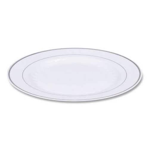 WNA Masterpiece Plastic Plates, 10.25" dia, White/Silver, 10/Pack, 12 Packs/Carton (RSM101210WS)