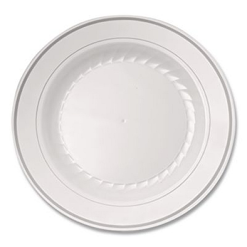 WNA Masterpiece Plastic Plates, 10.25" dia, White/Silver, 10/Pack, 12 Packs/Carton (RSM101210WS)