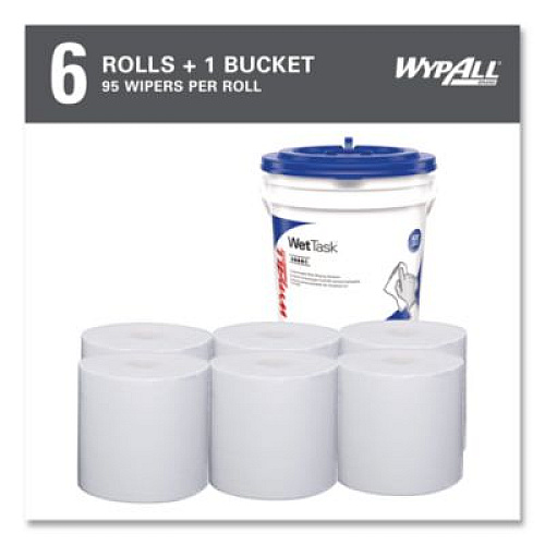 WypAll Power Clean Wipers for Solvents WetTask Customizable Wet Wiping System, 6 x 12, Unscented, 95/Roll, 6 Rolls/1 Bucket/Carton (0600104)