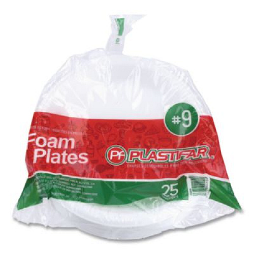 Plastifar Foam Dinnerware, Plate, 9" dia, White, 25/Pack, 20 Packs/Carton (12003)