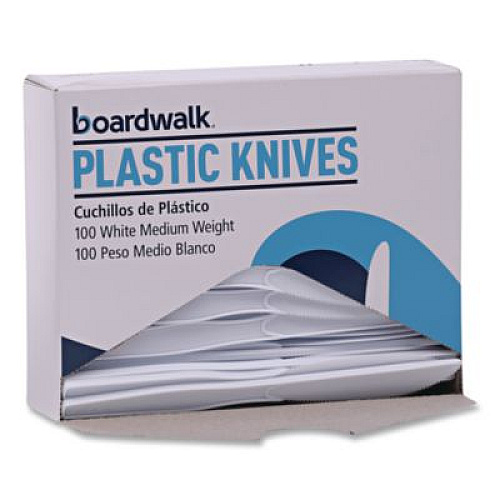 Boardwalk Mediumweight Polystyrene Cutlery, Knife, Plastic, White, 100/Box (KNIFEMWPSBX)