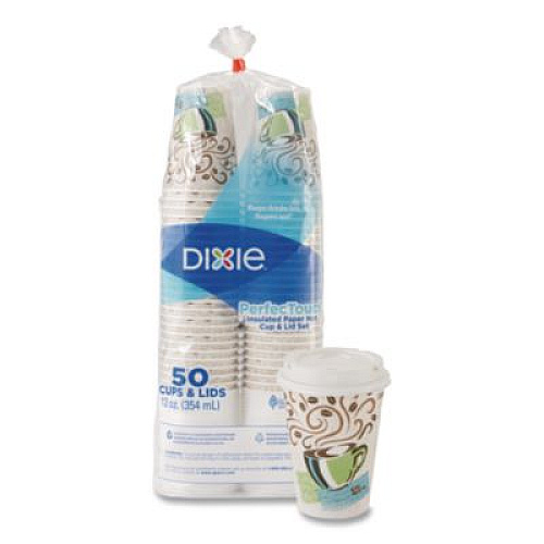 Dixie PerfecTouch Paper Hot Cups and Lids Combo, 10 oz, Coffee Haze Design, 50/Pack, 6 Packs/Carton (5310CMB600CT)